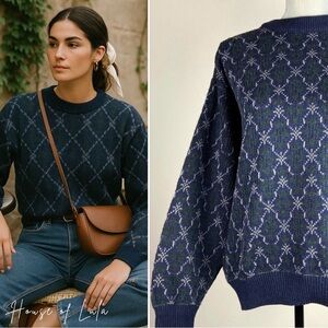 𝅺VINTAGE grandpa sweater crew neck knit navy blue green - au2 fisherman core